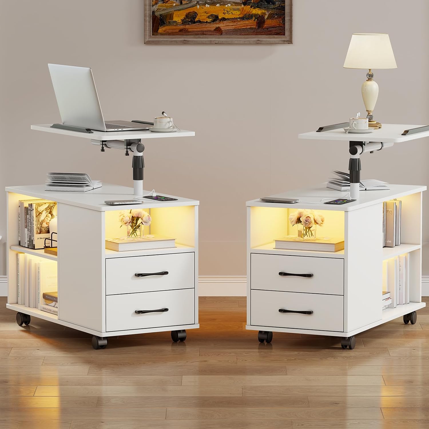 WOOVIVS Nightstand Set of 2 with USB Charging Station, Bedside Table with Storage Drawer, Rotatable Bracket, Modern Design (White)