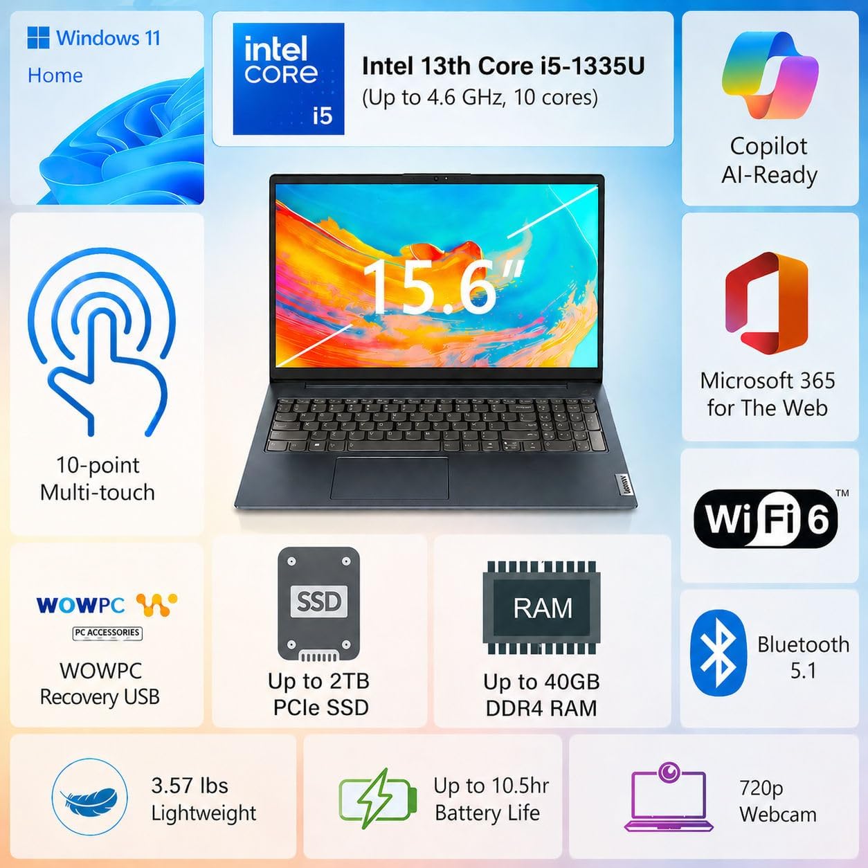 Lenovo Business Laptop, 15.6' FHD Touchscreen Display, 13th Generation 10-Core i5 CPU (Up to 4.6 GHz), 16GB RAM, 256GB SSD, Wi-Fi 6, Copilot AI, Windows 11, WOWPC USB