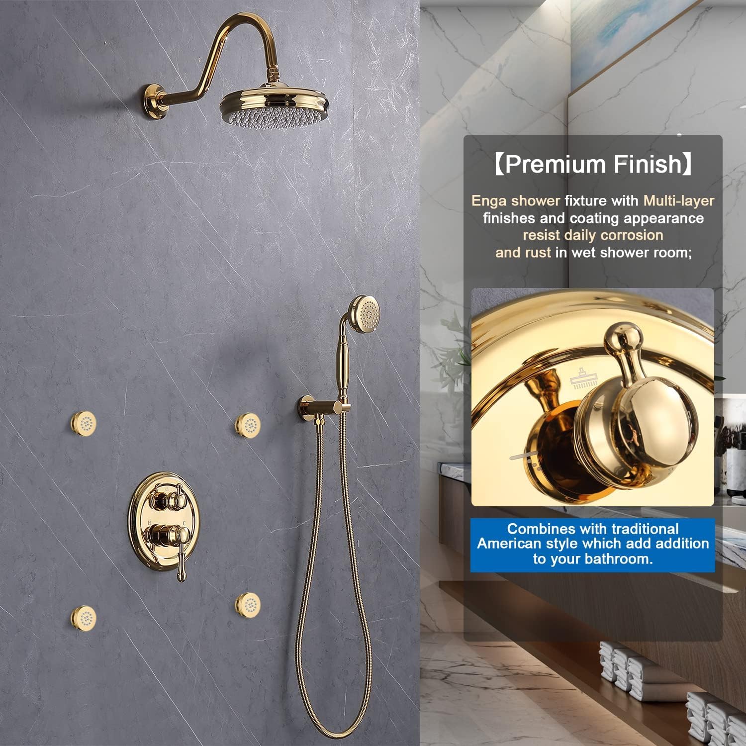 Enga Antique Shower Faucet Sets 8 inch Rainfall Head with Body Jets Handheld Spray Fixtures Combo, Brass 3 Way Diverter Rough in Valve Trim Kit, Bright Gold