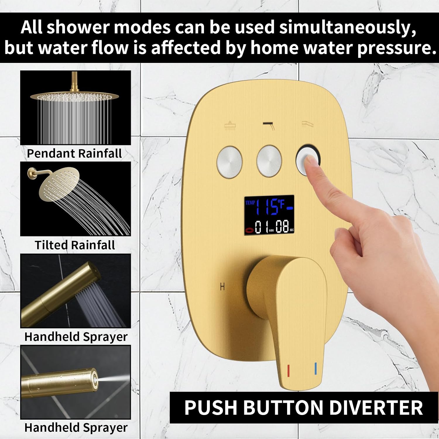 12Inch Brushed Gold Ceiling Shower System & 8Inch Wall-Mount Shower Faucet Set, 2 in 1 Handheld with Adjustable Slide Bar Included Temperature Display Valve and Trim Kit Can Work At Once