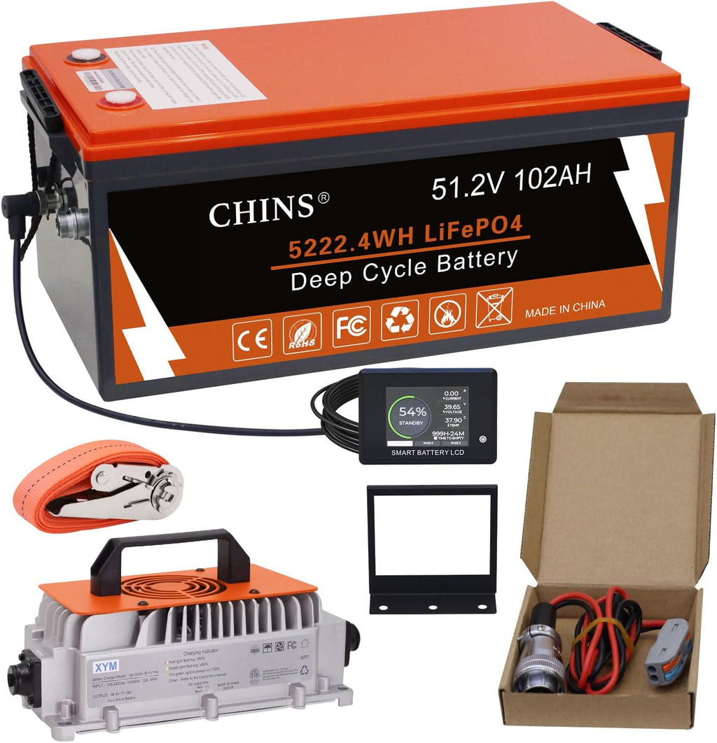 CHINS 48V 102Ah Lithium Golf Cart Battery, Built-in Smart 200A BMS, 48V Lithium Battery 4000+ Cycles Rechargeable, 48V LiFePO4 Battery Perfect for Golf Cart