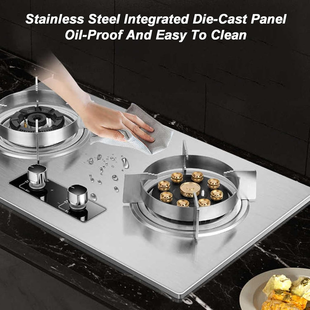 Stainless Steel Gas Stove 75CM Gas Stove 2 Burners, 5.2KW 9 Cavity Timed High Fire, Built-in Gas Cooker Plug and Play, with Flameout Protection(NG)