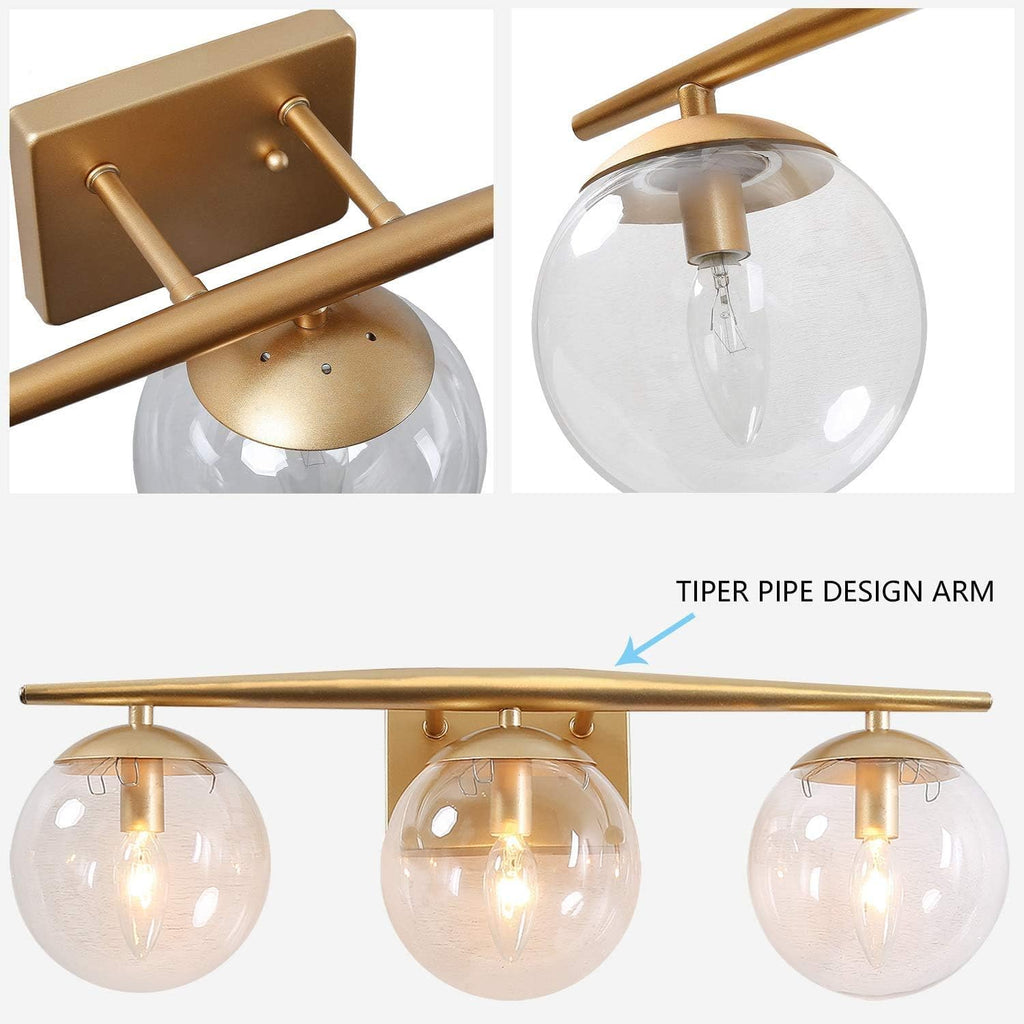 KSANA Gold Vanity Light,3 Modern Bathroom Fixture with Clear Globe Glass Shades and Taper Arm