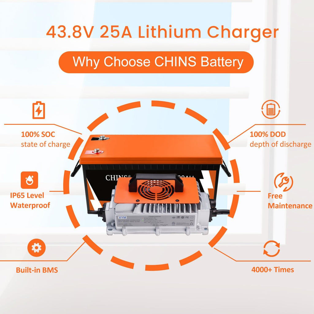 CHINS 36V Lithium Golf Cart Battery, 36 Volt 100Ah LiFePO4 Battery, Built-in Bluetooth 200A BMS, Includes 36V 25A Charger, Monitor, Perfect for Golf Carts
