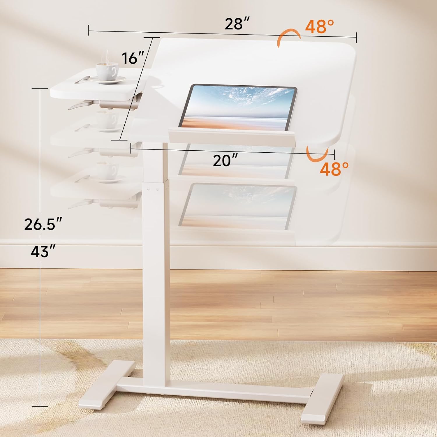 COMHOMA Tiltable Mobile Small Standing Desk, Pneumatic Adjustable Height Overbed Bedside Table with Wheels, Sit Stand Portable Rolling Laptop Desk Computer Workstations, White