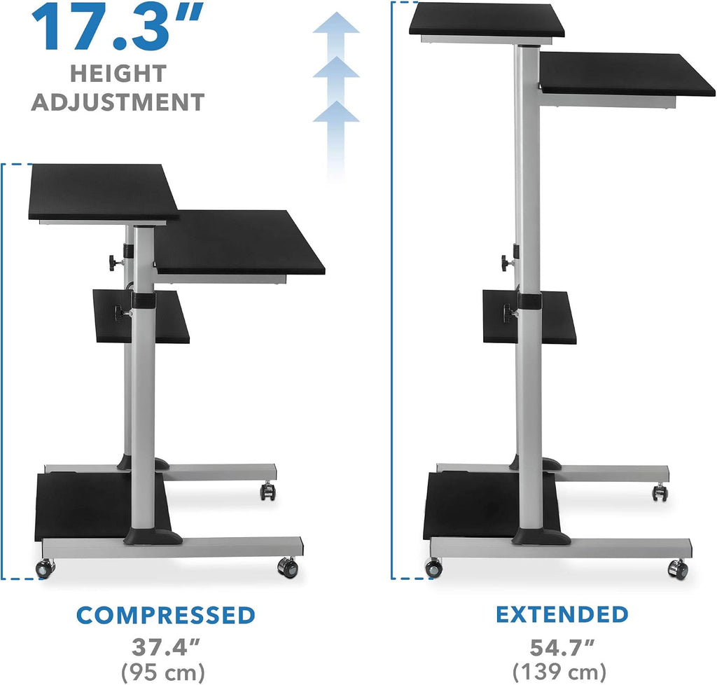 Mount-It! Rolling Standing Desk Adjustable Height up to 54.7', Portable Laptop Podium Desk on Wheels, Mobile Presentation Cart with Shelves, Adjustable Computer Workstation Home Office, Classroom