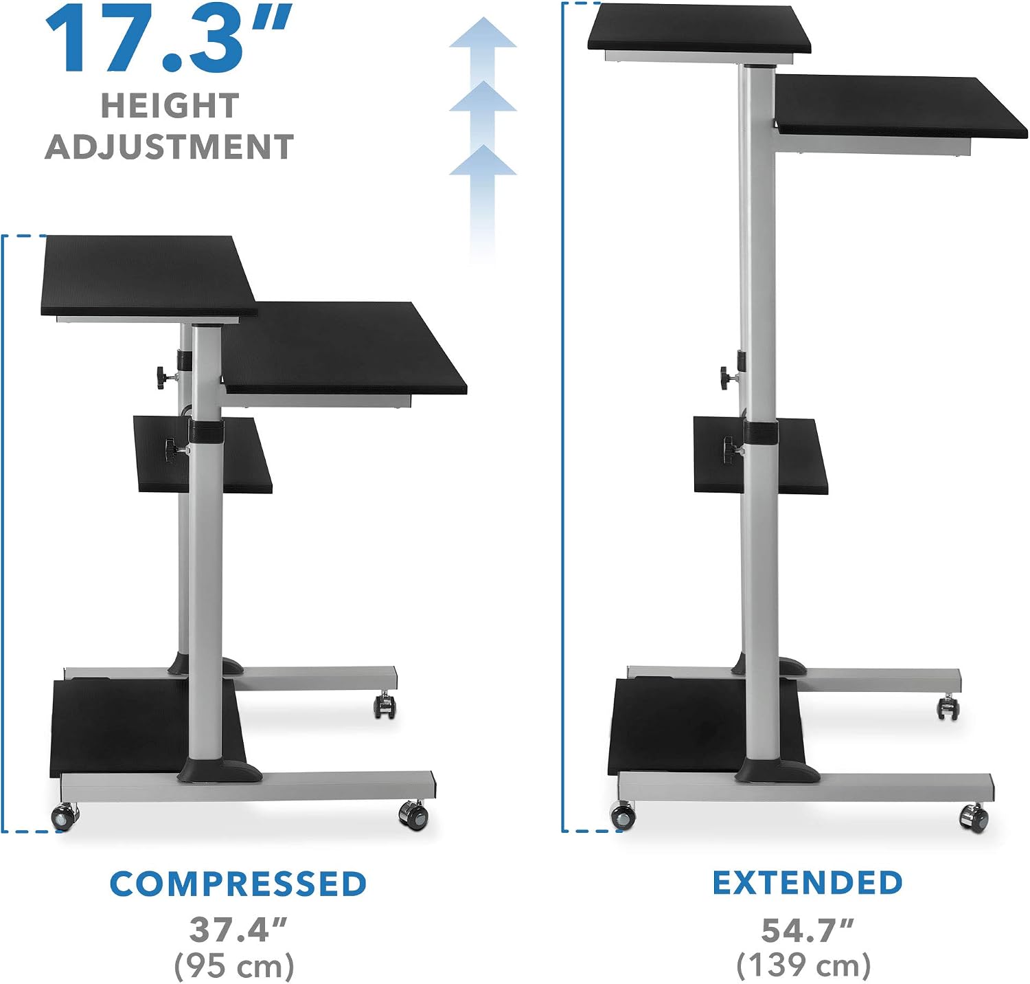 Mount-It! Rolling Standing Desk Adjustable Height up to 54.7', Portable Laptop Podium Desk on Wheels, Mobile Presentation Cart with Shelves, Adjustable Computer Workstation Home Office, Classroom
