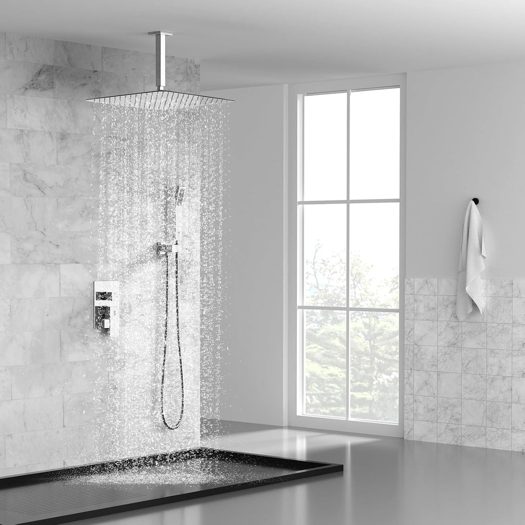 SR SUN RISE 16 Inches Polished Chrome Shower Faucet System Bathroom Luxury Rain Mixer Shower Faucet Set Ceiling Mounted Rainfall Shower Head Set (Contain Shower Faucet Rough-In Valve Body and Trim)