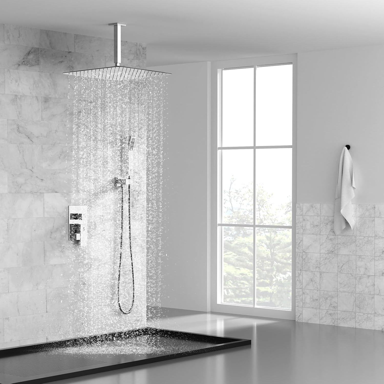 SR SUN RISE 16 Inches Polished Chrome Shower Faucet System Bathroom Luxury Rain Mixer Shower Faucet Set Ceiling Mounted Rainfall Shower Head Set (Contain Shower Faucet Rough-In Valve Body and Trim)