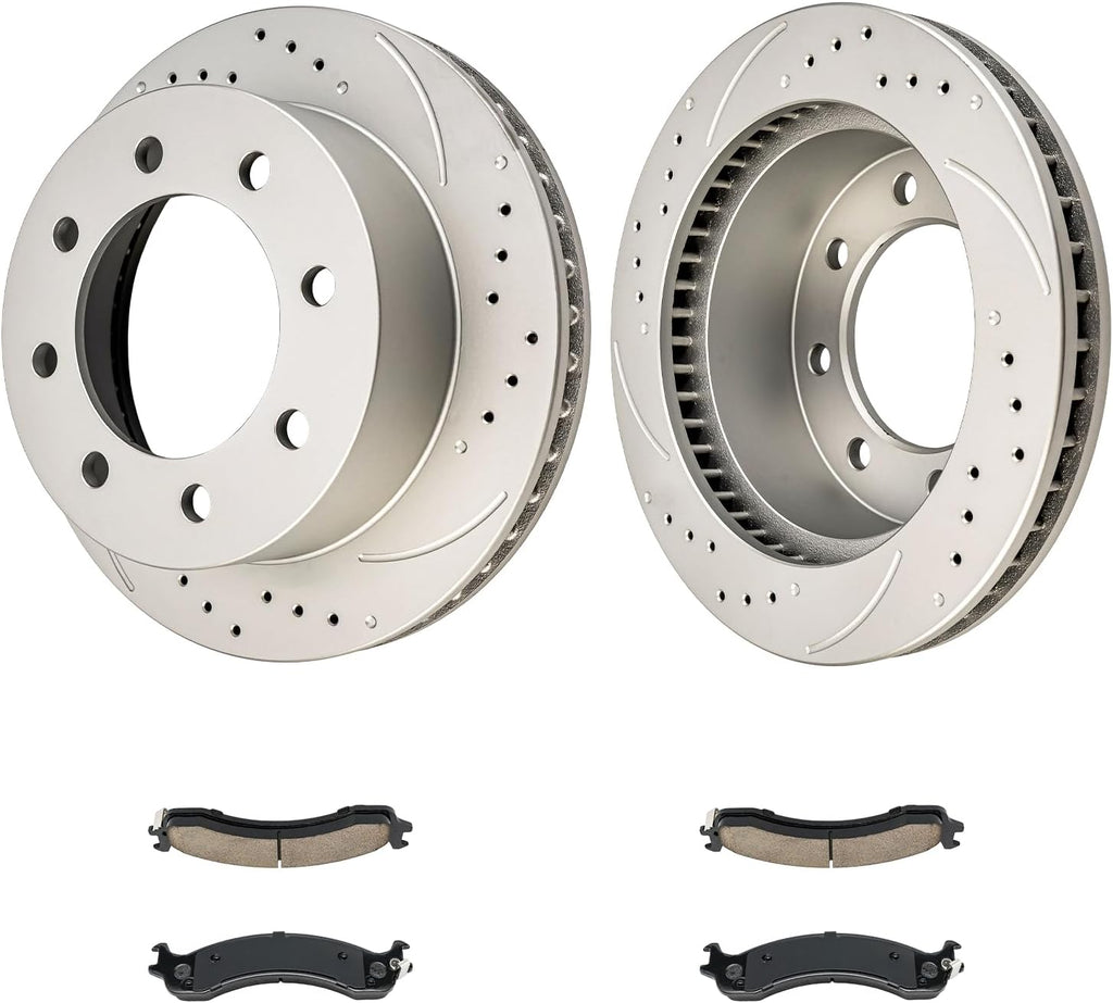 KAX Front Brakes and Rotors for Dodge Ram 2500 2000-2002, Ram 3500 2000-2002, Drilled and Slotted Vented Brake Rotor Ceramic Brake Pad Replacement (#5393+D859, 12.86inch, 326.7MM)