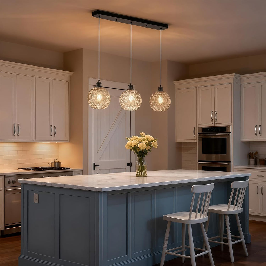 3 Light Pendant Lights Kitchen Island, Black Island Lights for Kitchen, 31.5' Globe Pendant Light with Clear Hammered Glass Shade, Adjustable Farmhouse Hanging Light Fixtures