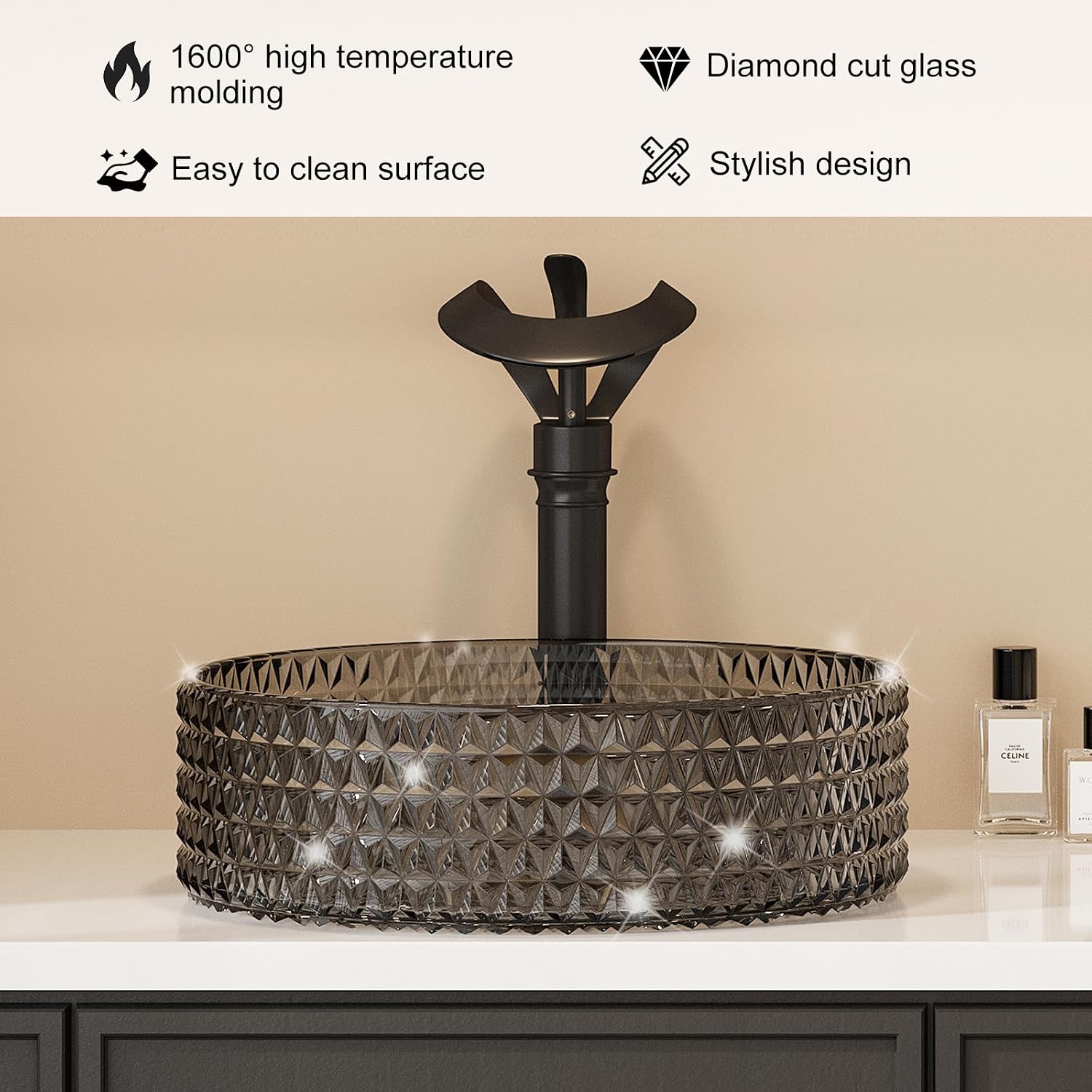 Homary Bathroom Vessel Sink Round Vessel Sink 15.35' x 4.33' Transparent Diamond Shaped Crystal Glass Bathroom Sink Above Counter with Pop-up Drain, Pack of 2, Black