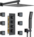 16' Thermostatic Rain Shower System with 6 Body Jets & 16-Inch Rainfall Shower Head, JetsBath Full Body Shower Faucet Sets with Valve & Handheld, Matte Black Luxury Wall Mount Shower Faucet Set