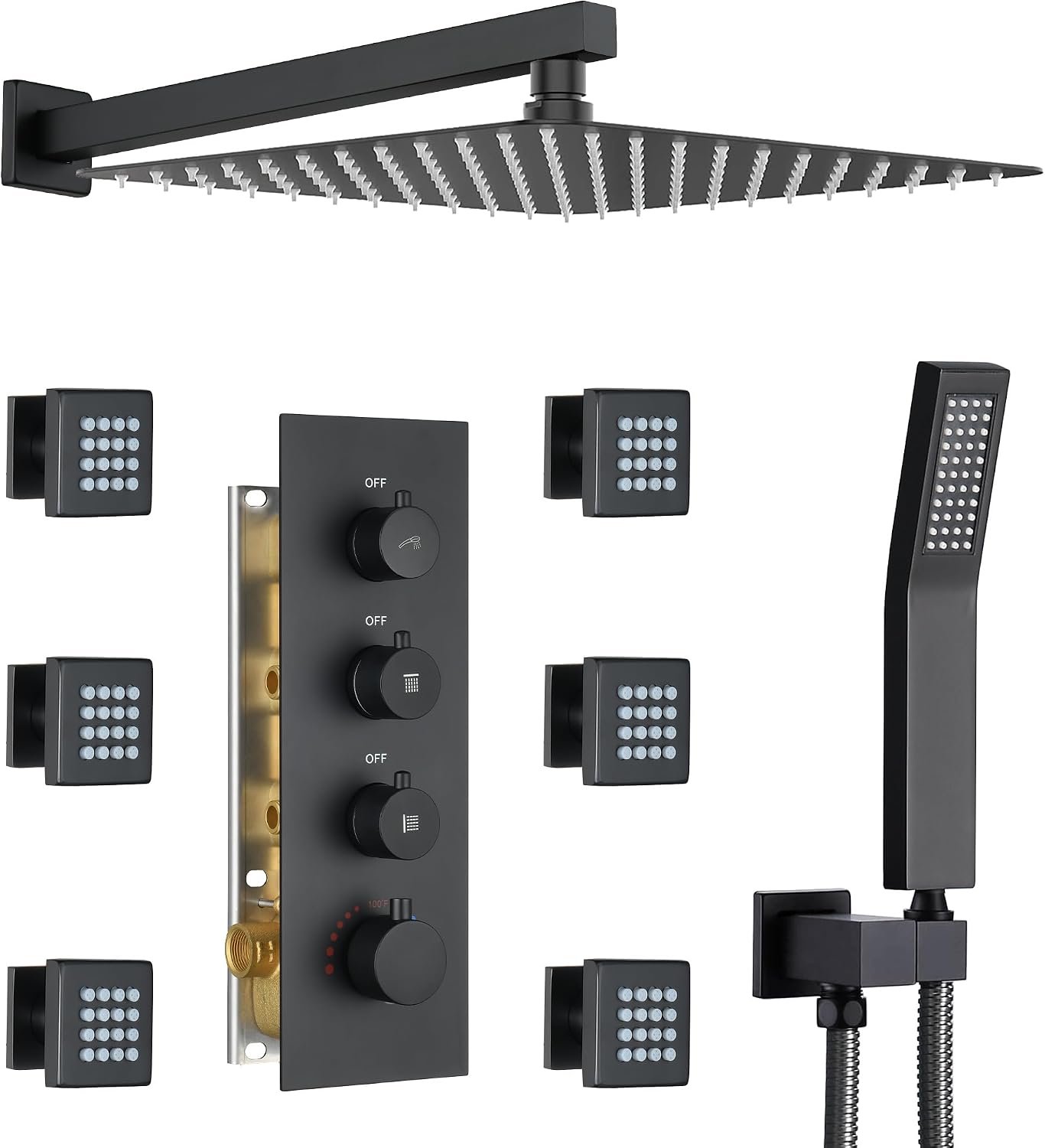 16' Thermostatic Rain Shower System with 6 Body Jets & 16-Inch Rainfall Shower Head, JetsBath Full Body Shower Faucet Sets with Valve & Handheld, Matte Black Luxury Wall Mount Shower Faucet Set