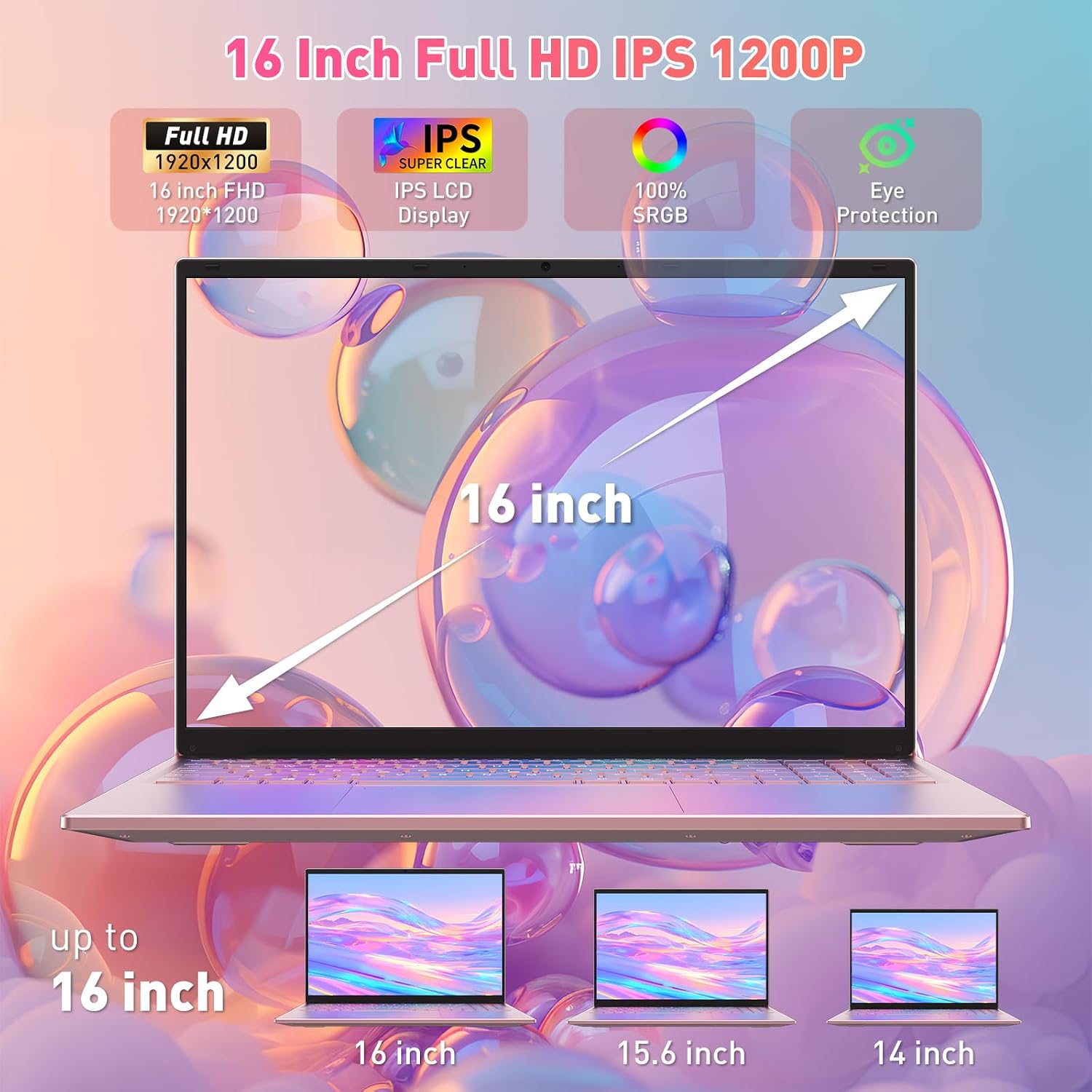 Auusda 16' FHD Traditional Laptop Computers, i3 Processor, WiFi 6 Bluetooth 5.3, Laptops Notebook for Home Office Study, Type-C, Backlit Keyboard, Fingerprint Unlock, Win11 Pro 16GB RAM 1TB SSD Pink
