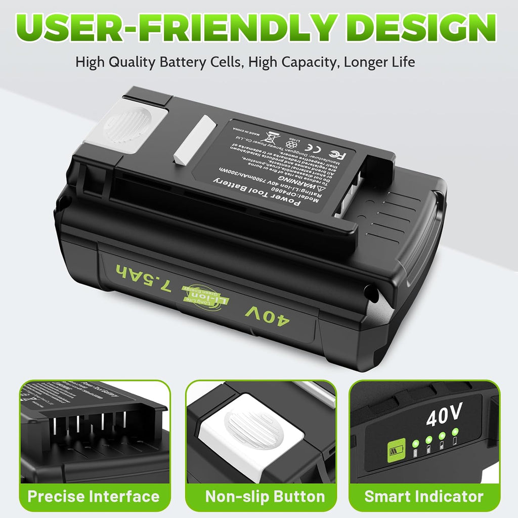 7.5Ah Replacement for Ryobi 40V Battery and Dual Charger Combo Compatible with Ryobi 40V Lithium Battery OP4040 OP4026 OP40601 OP4050A OP4030 OP4050 OP40201 OP40401 (2Battery+1Charger)
