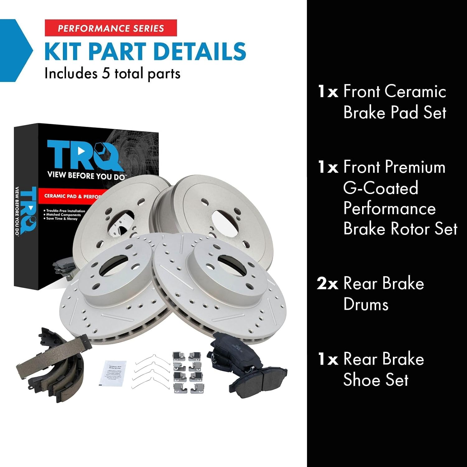 TRQ Front & Rear Brake Pad & Rotor,Shoe & Drum Kit Premium G-Coated Ceramic Performance Compatible with 1993-1997 Geo Prizm Toyota Corolla