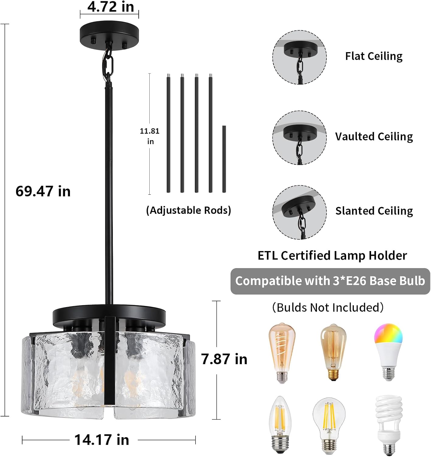 Black Dining Room Light Fixture, 3-Light Glass Drum Chandelier for Entryway, Farmhouse Kitchen Chandeliers Over Table Modern Lighting Fixtures for Foyer Hallway Bedroom Living Room