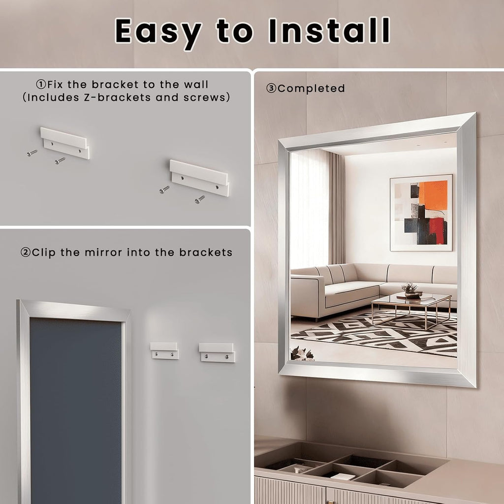 Amorho Bathroom Mirror, 28x32 Inch Silver Thick Metal Framed Wall Mirrors for Over Sink, Brushed Nickel Mirror Perfect for Bedroom, Living Room, Entryway, Rectangle (Horizontal/Vertical).