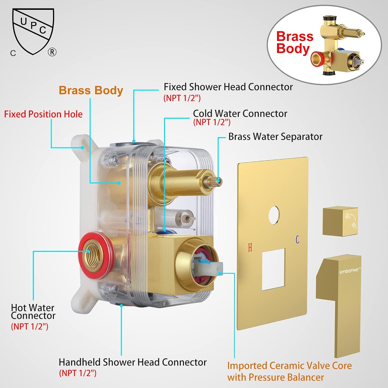 EMBATHER Brushed Gold Shower System- 12 inch Shower Faucet Sets with Rain Shower Head Hand Held Shower Head for Bathroom, Wall Mounted Square Shower Combo Set (Contain Shower Valve and Trim)