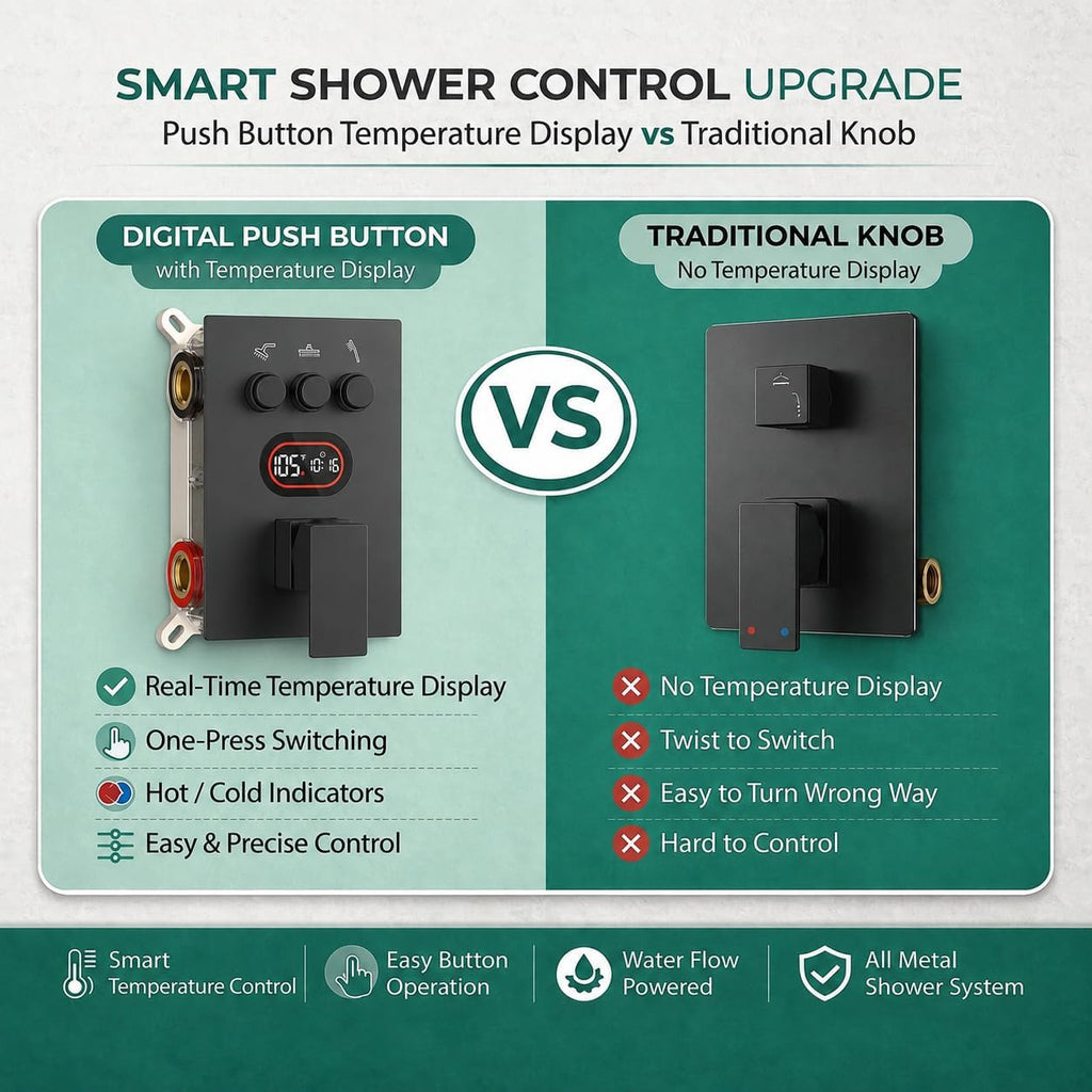 Push Button Diverter Shower Faucet Set Hydro Power Temperature Display, Shower System Ceiling Mounted 10' & Wall Mounted 6' Shower Head with 3-Spary Handheld, Matte Black