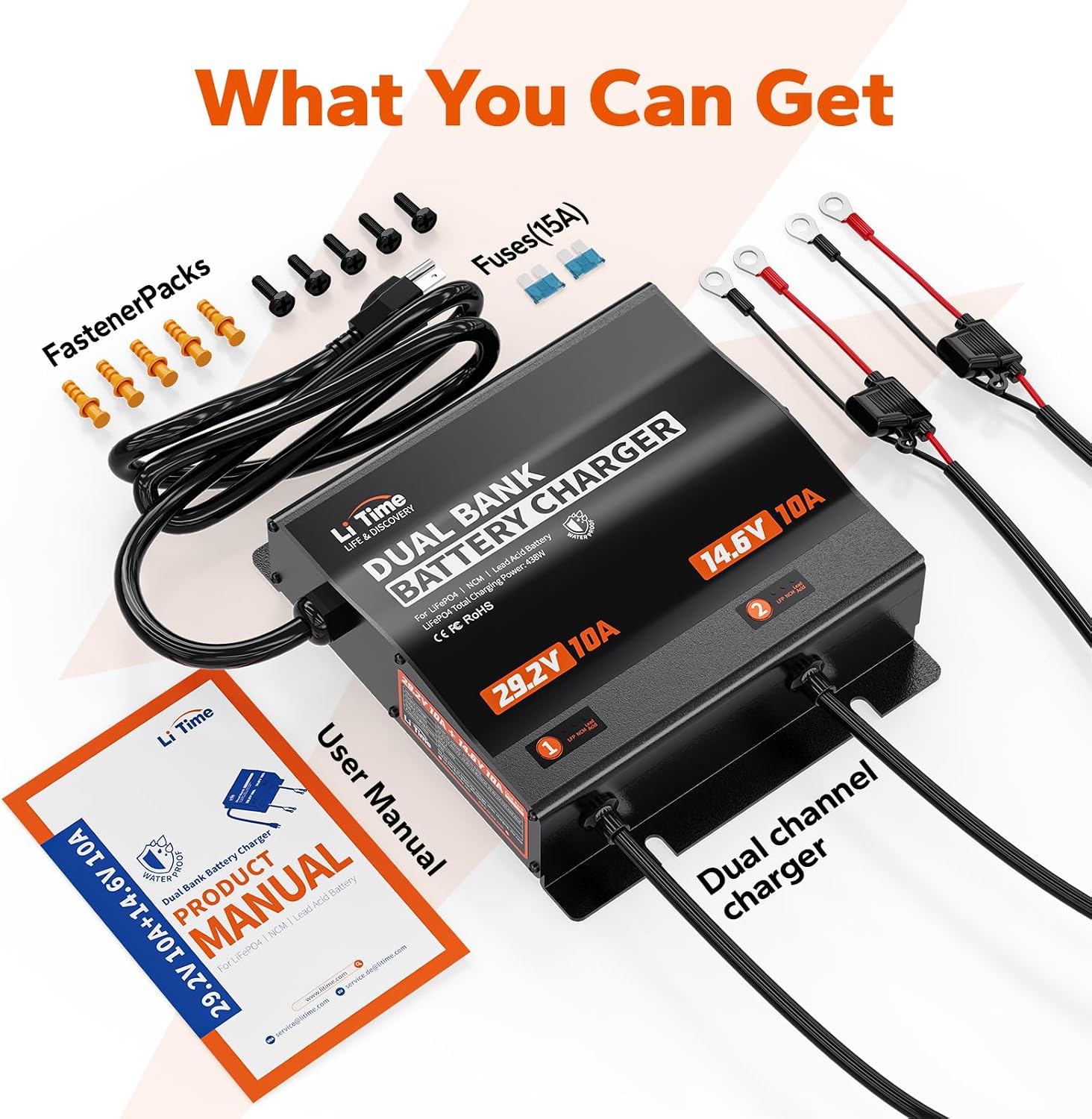 LiTime 2-Bank 12V 24V 10A Lithium Battery Charger, IP65 Waterproof AC DC Smart Charger for 12.8V/25.6V LiFePO4 Battery, with Adjustable Voltage & LED Indicator for Marine, Boat, and Trolling Motor