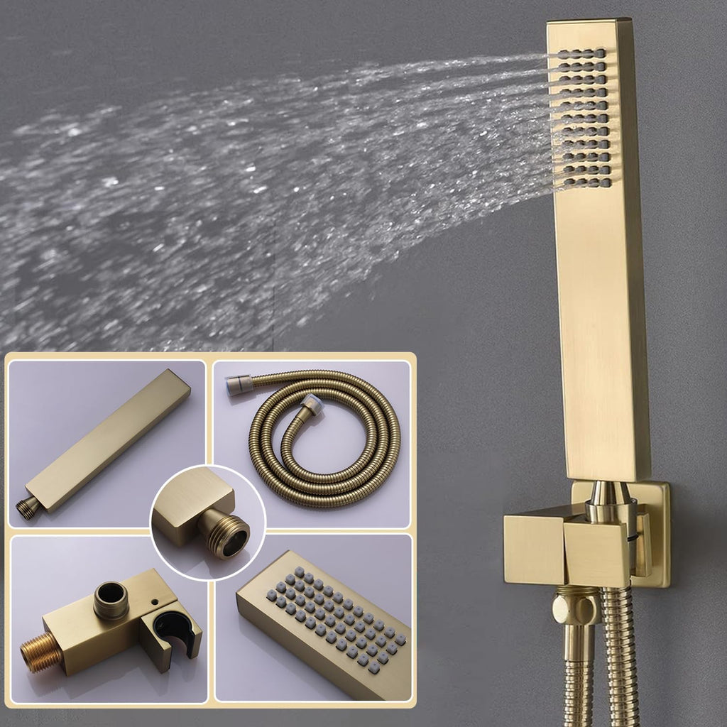 Digital Display Shower Faucet Set With 12 Inch Rainfall Shower Head,Brass Handheld Sprayer And 6pcs Body Jets,Full Body Shower System (Brushed Gold)