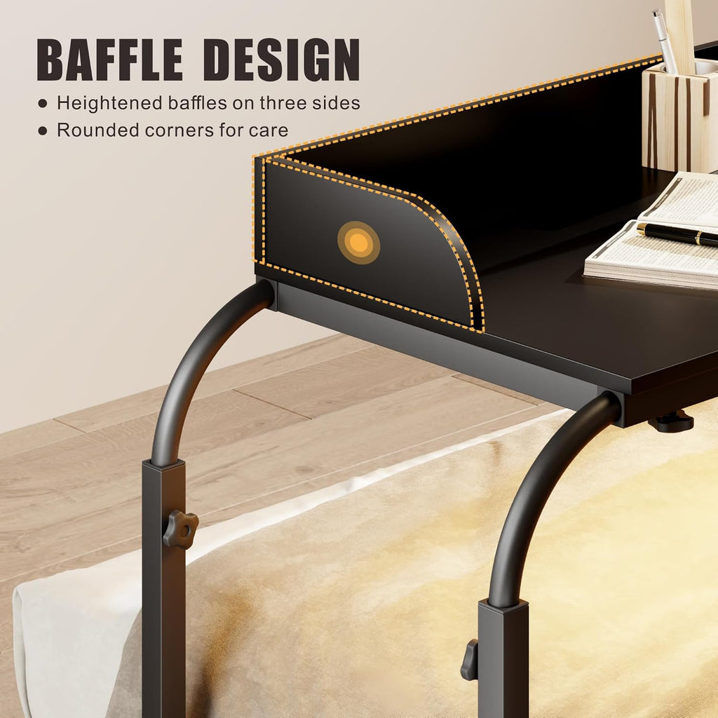 HWB Bed Table with Wheels for King Size, Over Bed Desk with Adjustable Height for Laptop, Overbed Table with Charging Station & LED Lights, Rolling Tables with AC Outlets, Black