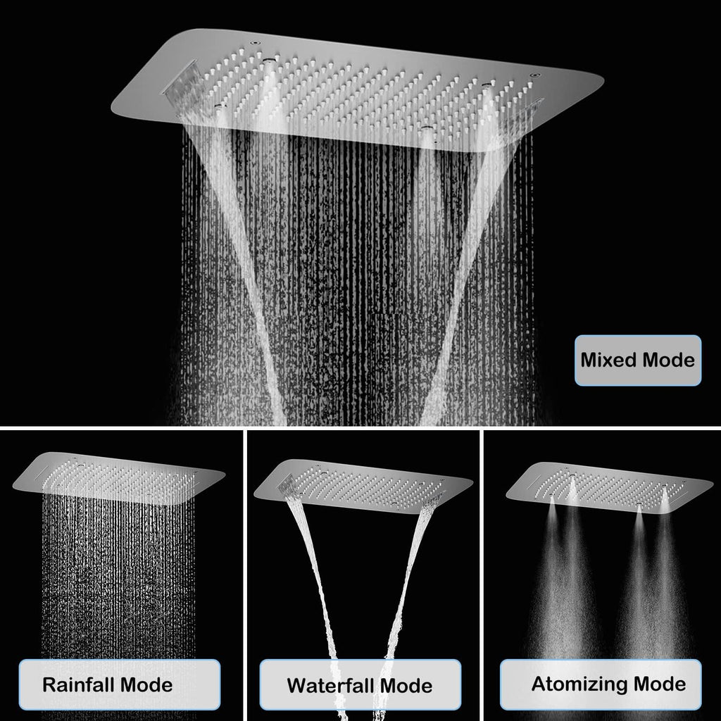 Brushed Nickel Shower Faucet System 16 X 24' 3 Functions Waterfall Mist Rainfall Ceiling Shower Head Thermostatic Full Body Shower Faucet Set Complete With Handheld And Shower Body Jet Spray