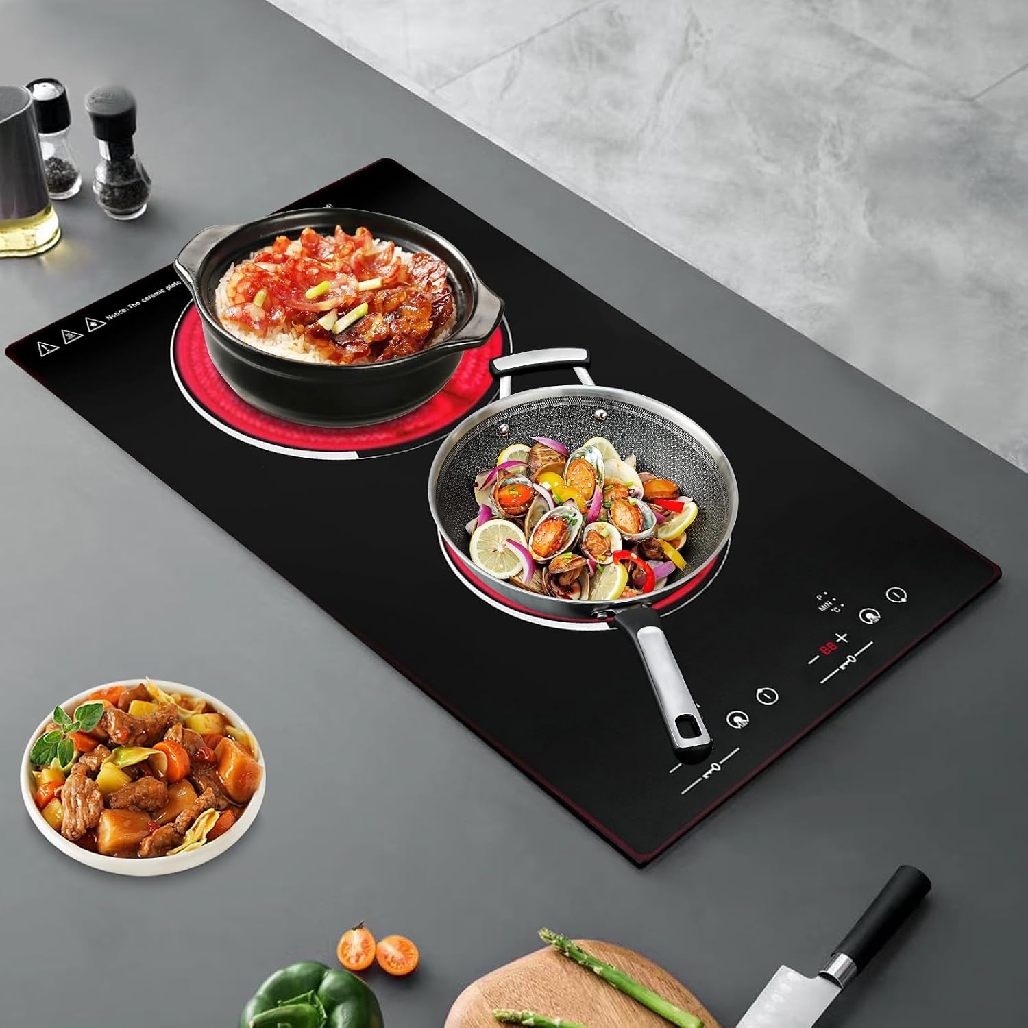 Ceramic Cooktop,20 * 11 Inch Built-in 2 Burners Electric Stove Cooker Hob With Touch Control Child Lock Timer Electric Stove with Hard Wire 1500W 110V(Touch Control, 2 Burners)