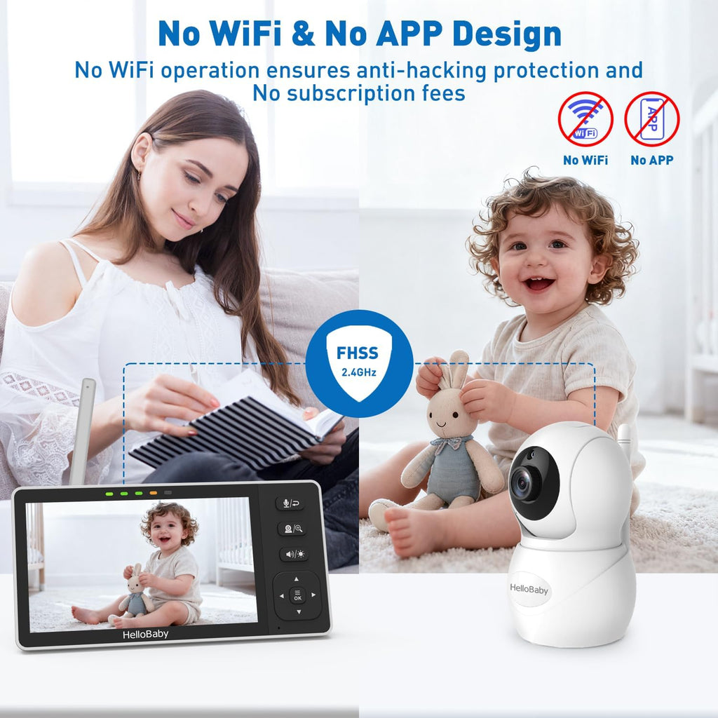 HelloBaby 5.5' 720P HD Baby Monitor with 4 Cameras,Split Screen Display,Video Baby Monitors,No WiFi,Remote Pan/Tilt/Zoom,Night Light,4000mAh Battery,Wide View,Ideal for Twins/Multiple Children