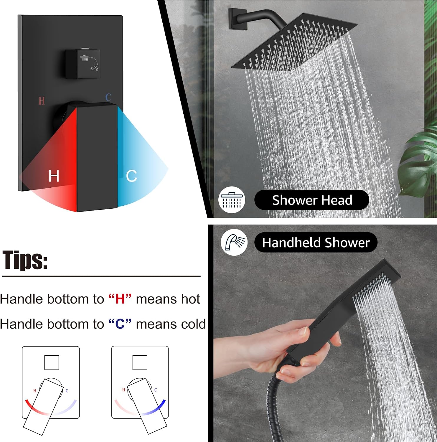 Midanya Shower Faucet Set,Wall Mount Shower System with Square Rain Shower Head and Hand Sprayer, Rough-in Valve Body and Trim Kit Included,8 Inch,Matte Black
