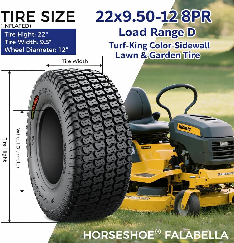 HORSESHOE FALABELLA 2 New 22x9.5-12 8PR LRD T198 TURF-KING LAWN MOWER GOLF TIRES Heavy Duty Color-Sidewall (22x9.50-12 8Ply)