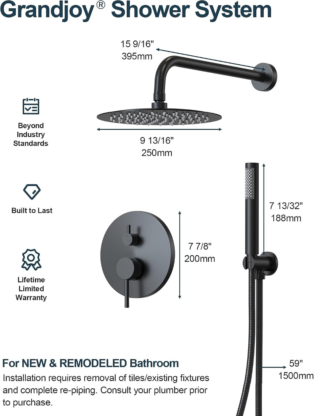 10 Inch Round Shower Faucet Set, High Pressure Rainfall Shower Head and Handheld Sprayer Combo, Matte Black