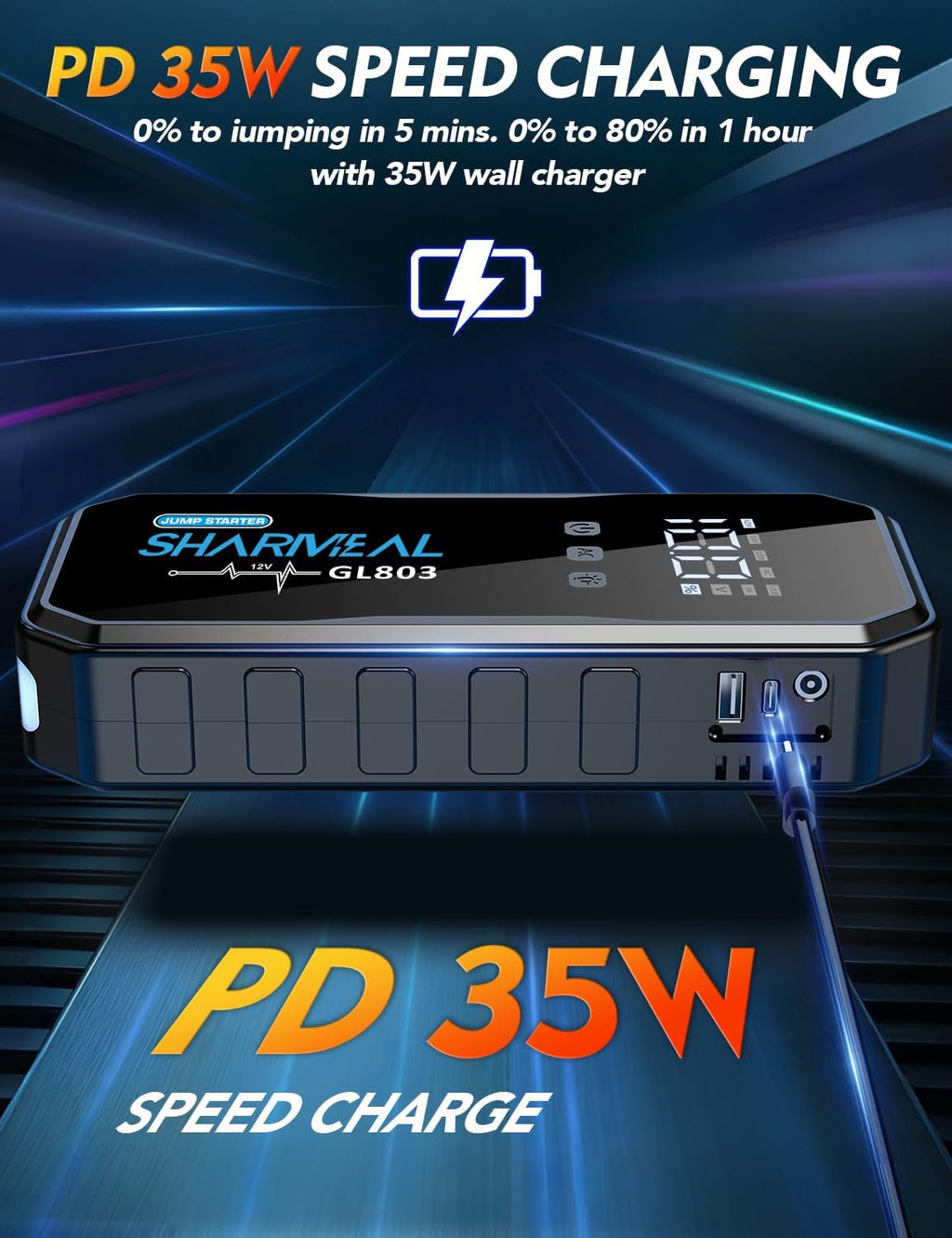 Sharmeal 22-in-1 9000A Jump Starter, 24000mAh Car Booster Pack with 80W AC Outlet & PD 35W Super Fast Charging, 12V Jump Starter Battery Pack for All Gas and 12.0L Diesel