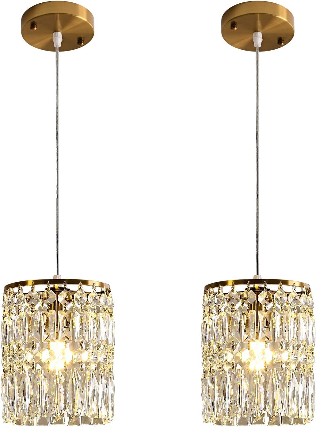 Modern Crystal Pendant Light for Kitchen Island Height Adjustable Gold Chandeliers Light Fixture Hanging Ceiling Lights for Hallway Dining Room Bedroom Living Room Compatible with E26 Bulb (2-Pack)