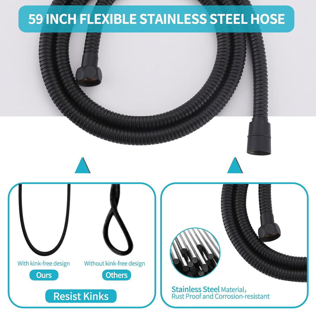 Shower Slide Bar Handheld Shower Head with Hose, Bathroom Showerhead with Handle Spray, High Pressure Shower Slide Bar Height Adjustable with 59.06 Inch Stainless Steel Hose Matte Black