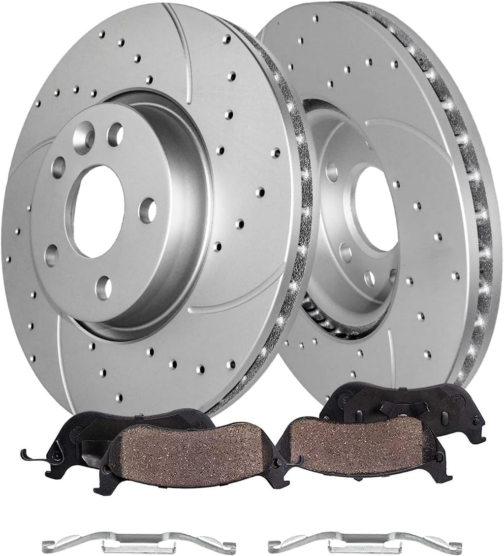Detroit Axle - Front Brake Kit for 11-18 Volvo S60 08-10 V70 07-16 S80 08-16 XC70 15-18 V60 12-15 Land Rover Range Rover Evoque, Drilled Disc Brake Rotors Ceramic Brakes Pads : 11.81' inch Rotors