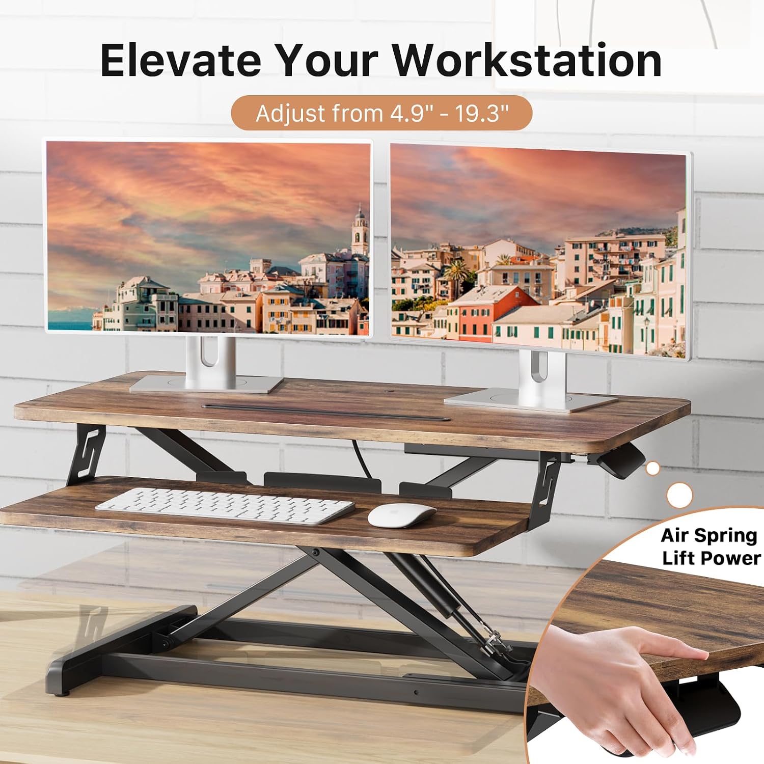 JOY worker Standing Desk Converter, 32' Wide Height Adjustable Sit Stand Up Desk Riser with Keyboard Tray, Desktop Workstation Riser for Home Office Computer Laptop, Particle Board, Rustic