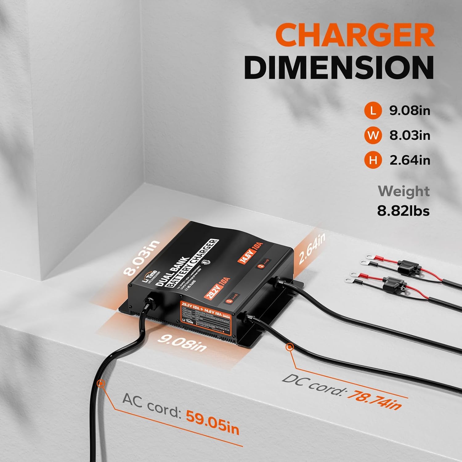 LiTime 2-Bank 12V 24V 10A Lithium Battery Charger, IP65 Waterproof AC DC Smart Charger for 12.8V/25.6V LiFePO4 Battery, with Adjustable Voltage & LED Indicator for Marine, Boat, and Trolling Motor