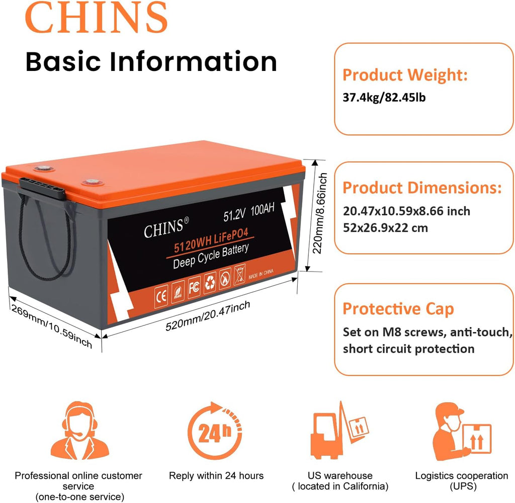 CHINS 48 Volt 100AH Lithium Battery for Golf Cart with 48V 18A Charger, Monitor, Built-in Bluetooth 200A BMS, 48V Golf Cart Battery with 10.24kW Output