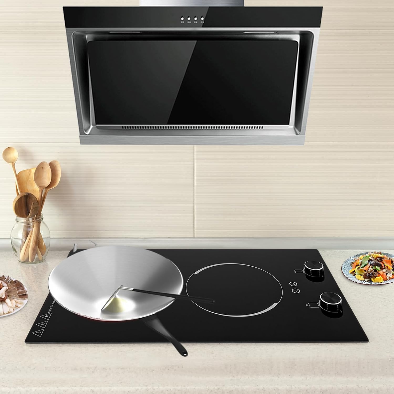 Induction Cooker 2-Head 2100W Touch-Control 9 Power Gears Electric Cooktop Adjustable Temperature & Timer Setting Countertop & Built-In Ceramic Cooker For Kitchens