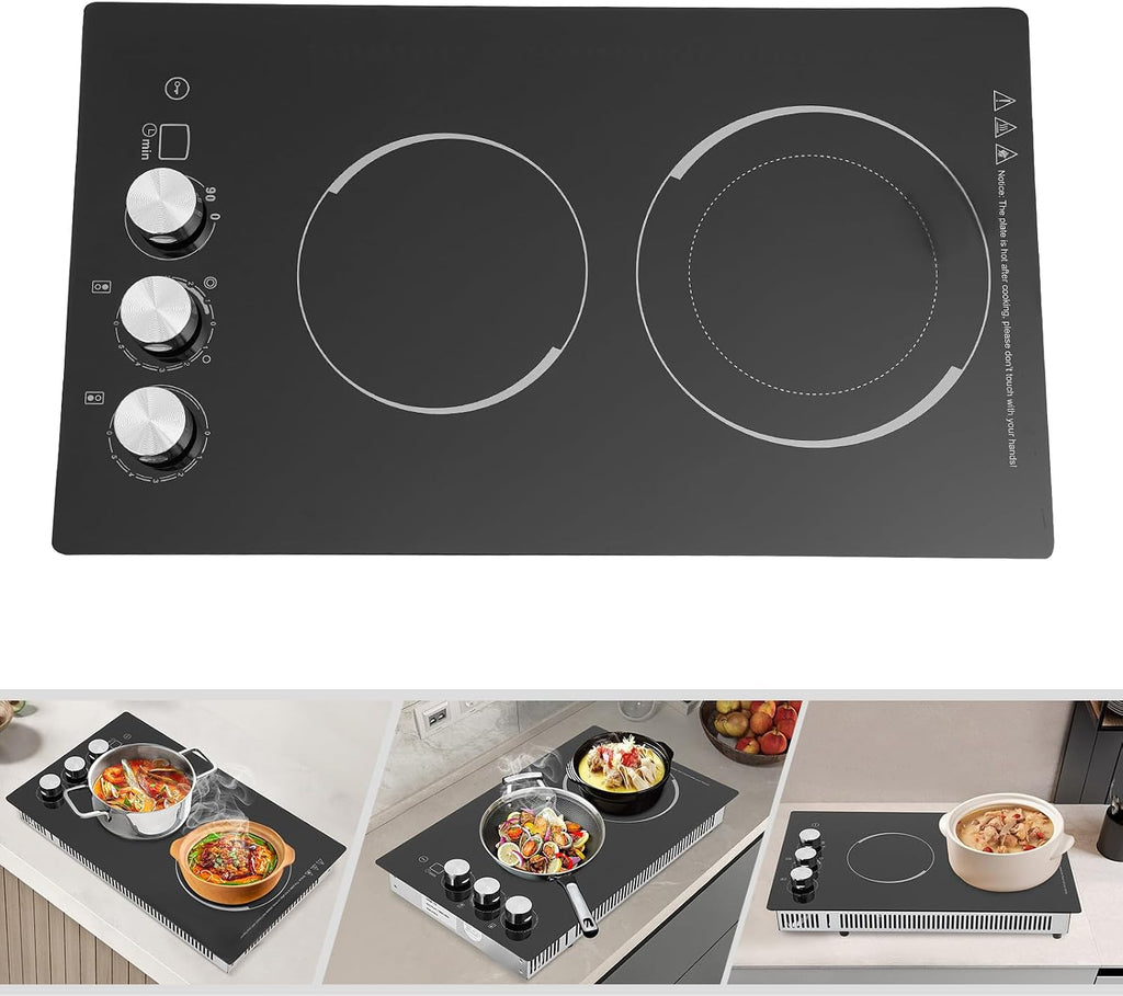 20 Inch Electric Cooktop 2 Burners, 600/1100W Built-In Radiant Electric Stovetop with Safe Lock, Electric Ceramic Cooktop with 5 Power Levels/Led Display, 20.08 * 11.81 * 4.06in, Good Heat