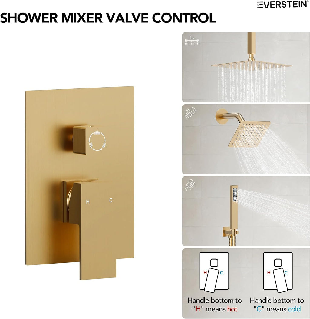 10' High-Pressure Rainfall Shower Faucet, Celling Mount Dual Shower Head System, Brushed Gold