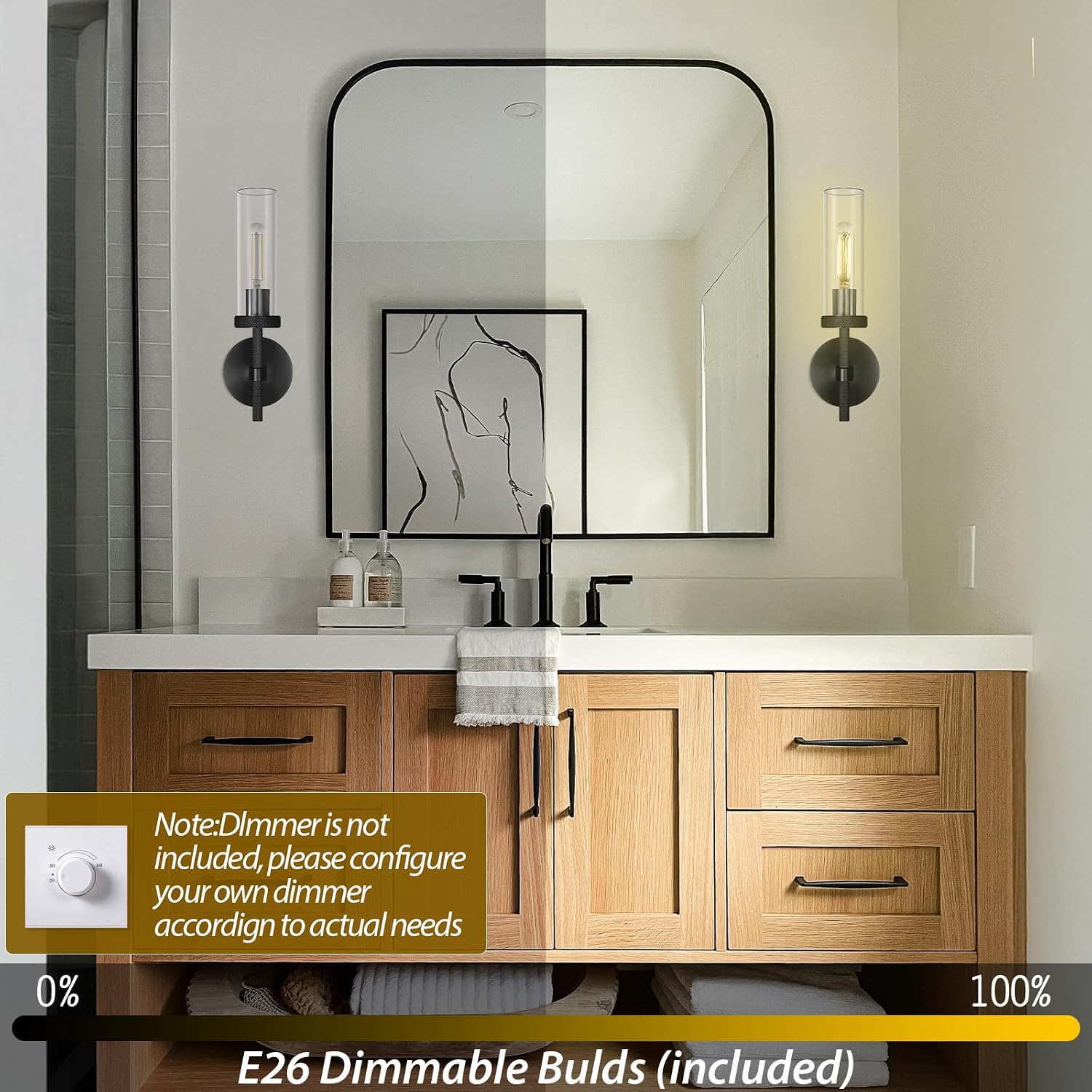 Black Wall Sconces Set of Two, 14' Bathroom Vanity Sconce Light, Glass Tube Wall Sconces, Sconces Wall Lighting Indoors, Wall Lights for Mirror, Living Room, Bedroom, Hallway (including bulb)