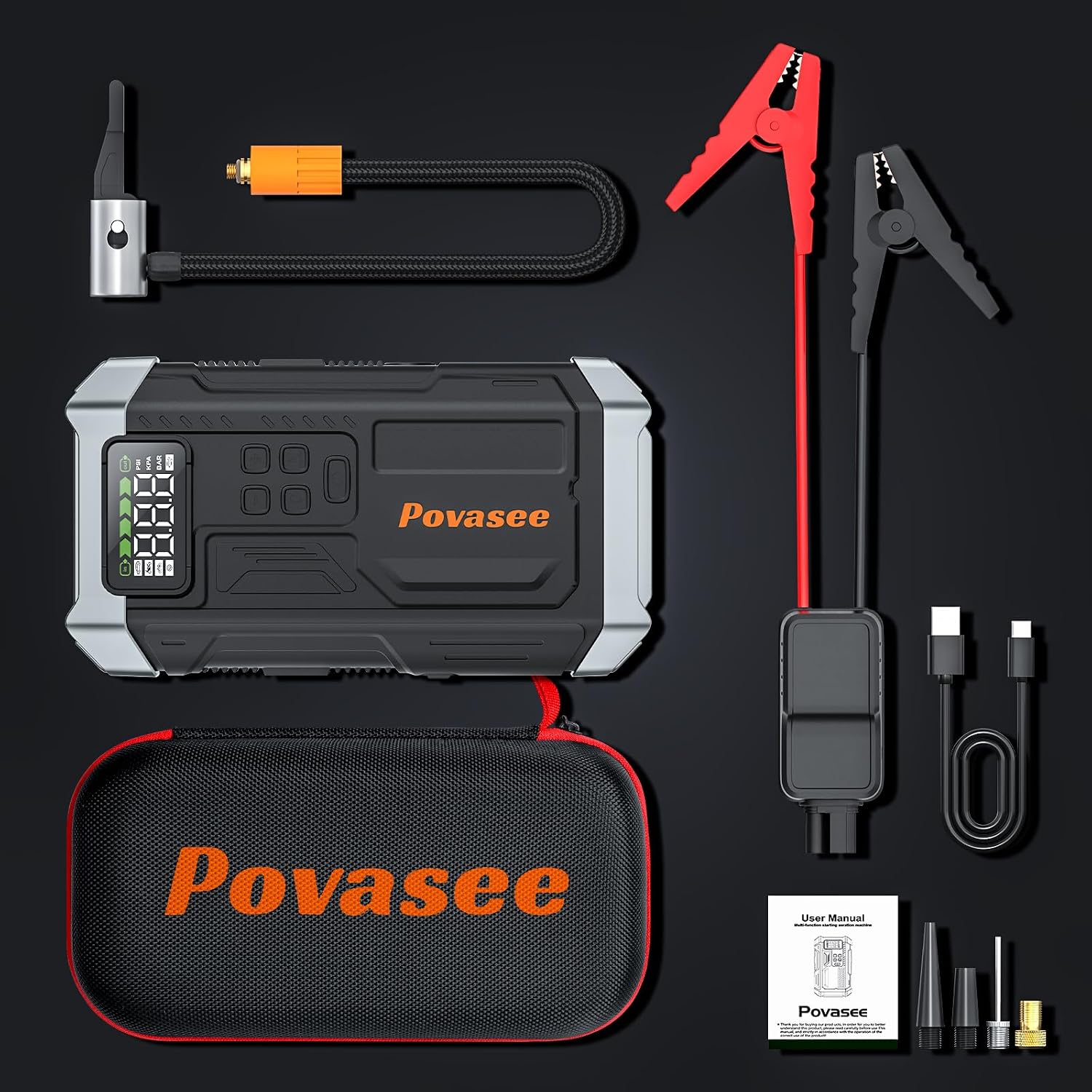 5000A Jump Starter with Air Compressor, Battery Jumper Starter car Battery Jump Starter povasee Portable Jump Starter (Up 9L Gas/8L Diesel Engine