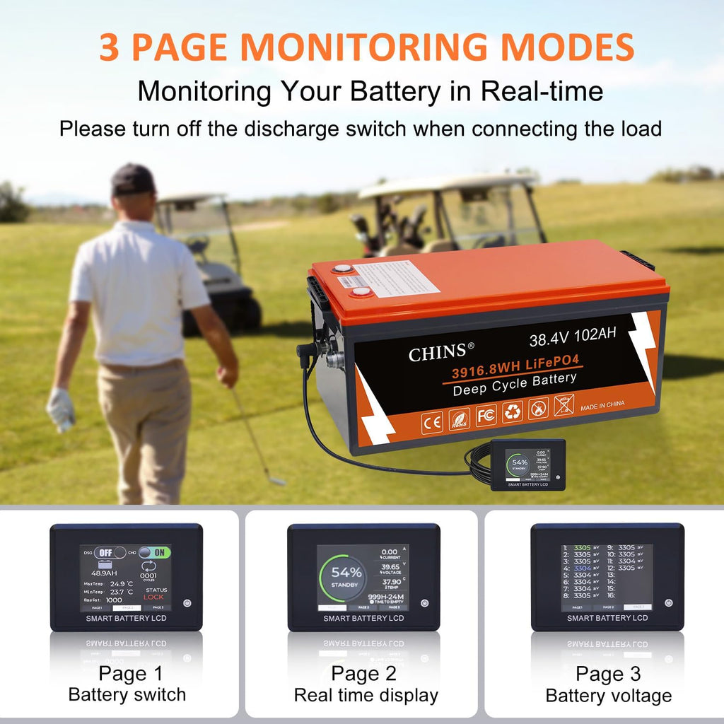 CHINS 36V Lithium Golf Cart Battery, 200A BMS, with Touch Monitor and Retention Strap, 5000+ Cycles 36V 102AH Lithium Battery with Charger Perfect for Golf Carts