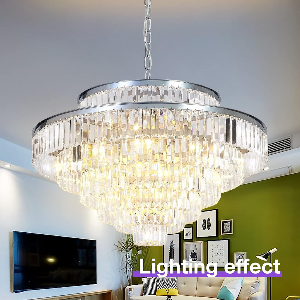 Crystal Chandeliers Modern Style Chrome 39 inch & Lights Round Hanging Classic Pendant Ceiling Chandelier Lighting Fixture 7-Tier for Dining Room Living Room