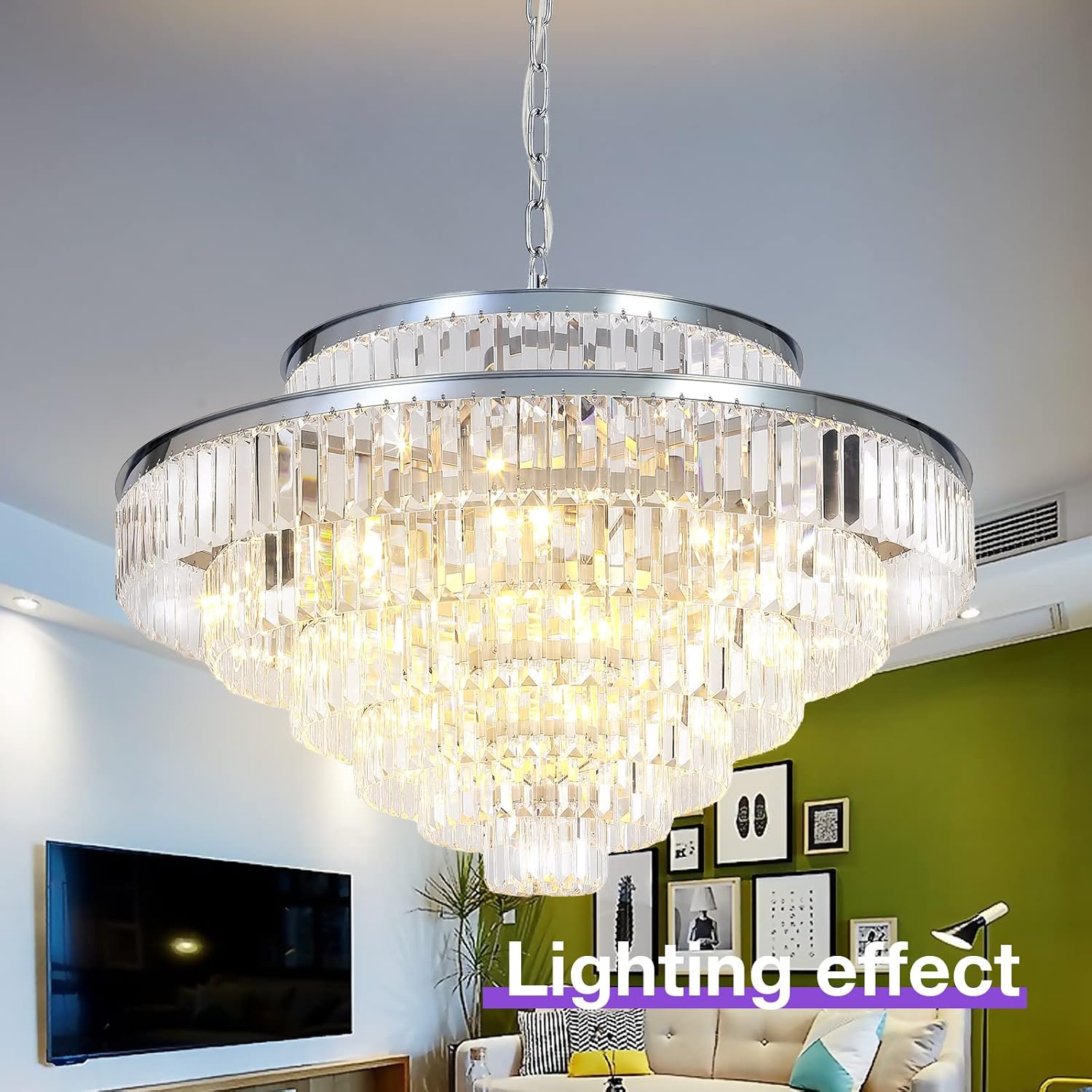 Crystal Chandeliers Modern Style Chrome 39 inch & Lights Round Hanging Classic Pendant Ceiling Chandelier Lighting Fixture 7-Tier for Dining Room Living Room