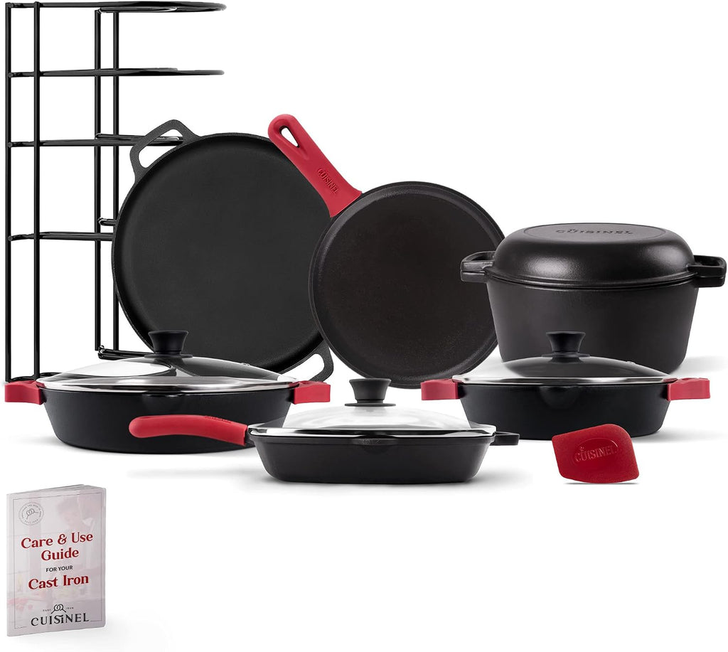 Cuisinel Cast Iron 18-Piece Preseasoned Cookware Set: 10'+12' Skillets w/Lids + 5-Qt Dutch Oven + 10.5' Square Grill Pan w/Lid + Pizza Pan + Round Griddle + 15' Organizer +Scraper + Silicone Handle